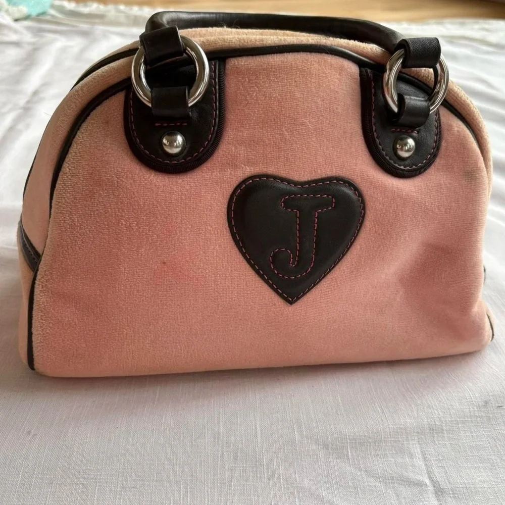 Y2K 2002 Vintage Juicy Couture Pink & Brown Velour Bowler Bag Purse - Picture 5 of 11